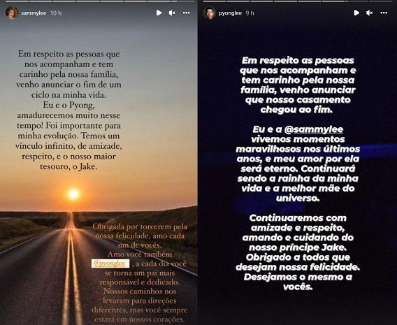 Texto de Sammy e Pyong falando sobre o término do namoro