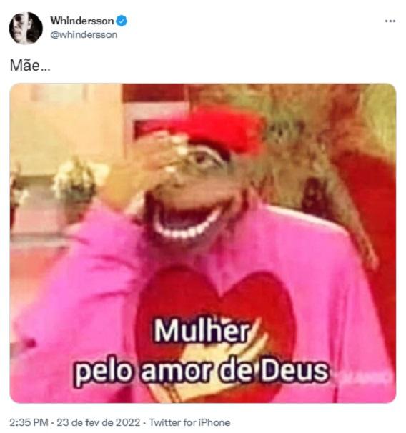 print do tweet de whindersson tem uma imagem e a frase 'mulher pelo amor de deus'