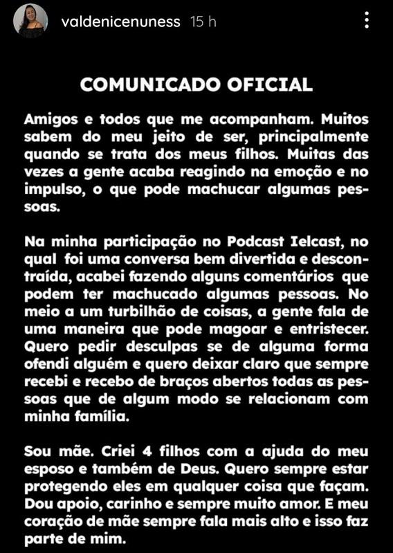 Valdenica Nunes compartilhou texto em que se desculpa pelas falas sobre a família das ex-noras