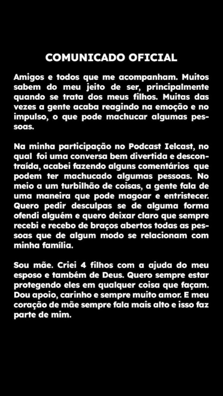 Publicação nos stories de Valdenice Nunes se desculpando por falas em podcast.