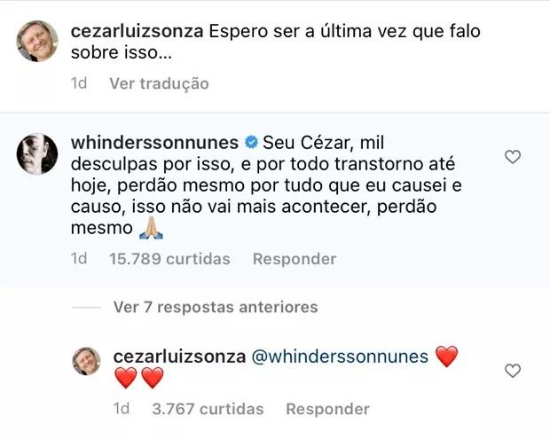 Print da resposta do ex-sogro de Whindersson ao pedido de desculpas. Cezar enviou emojis de coração ao humorista.