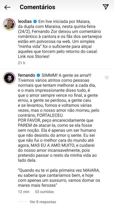 Print do texto escrito por Fernando Zor no Instagram.