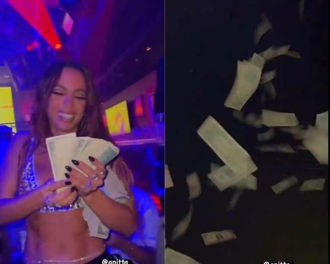 Anitta sendo gravada com bolo de notas e depois jogando para o alto.