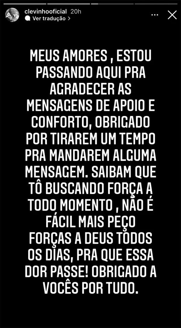 Print do texto compartilhado por Clevinho Santos nos stories do Instagram.