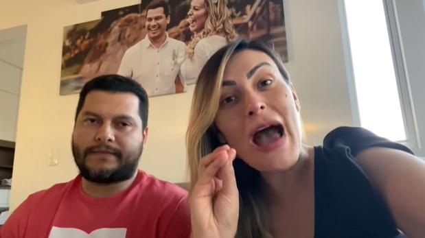 Print do vídeo em que Thiago Lopes e Andressa Urach aparecem lado a lado, contando as brigas do casal.