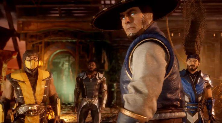 Imagem de Mortal Kombat 11, com Raiden (centro), Scorpion (esquerda), Jax (fundo) e Sub-Zero (direita) 