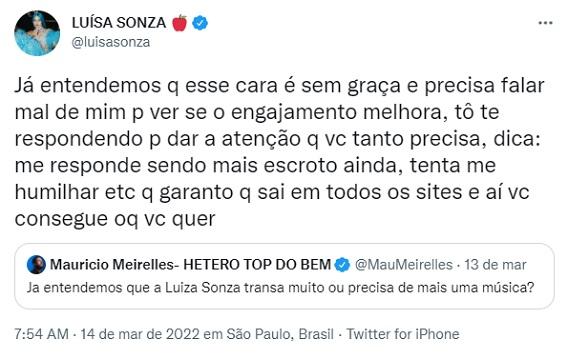 Luísa Sonza rebate comentário de Maurício Meirelles 