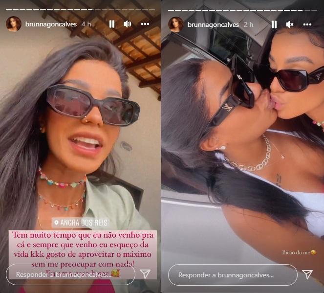 Ludmilla e Brunna dão um selinho enquanto se fotografam.