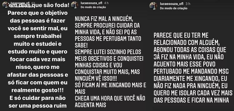 print do storie de Lucas Souza, que escreveu em letras brancas com fundo escuro.