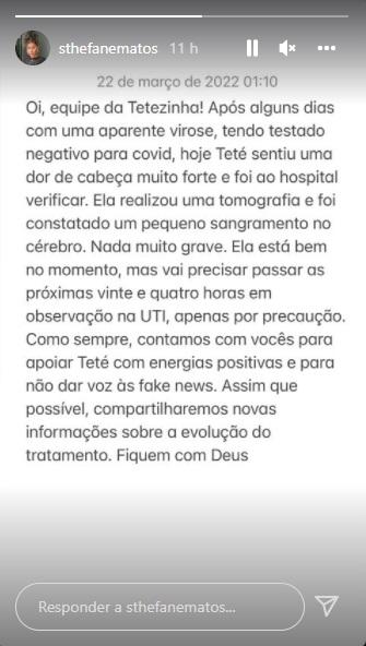 Print da nota compartilhada pela assessoria de Sthe através dos stories.