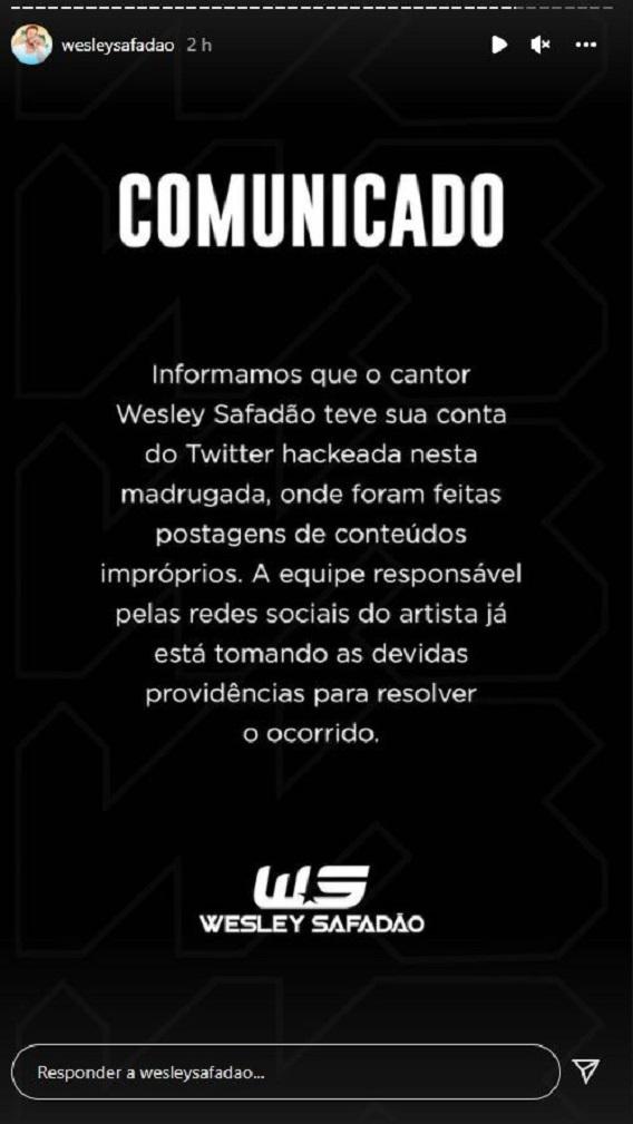 mensagem da assessoria de safadão que informa que a conta do cantor foi hackeada e que as medidas necessárias já foram tomadas