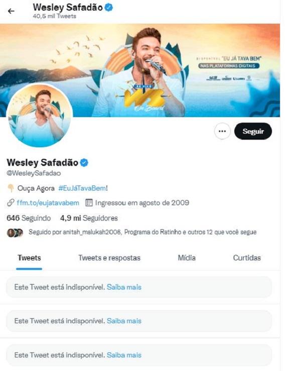 página do twitter de safadão mostram que as postagens já estão indisponíveis