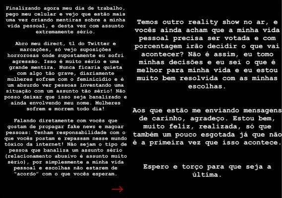 Prints dos stories de Carla Diaz rebatendo boatos de agressão