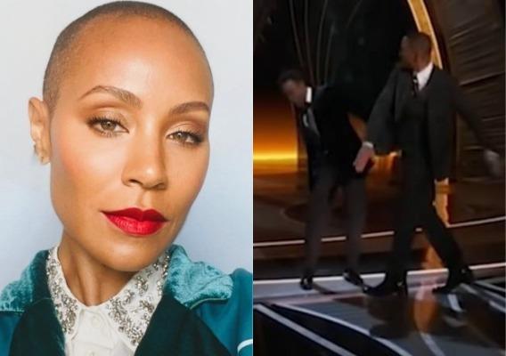 Jada Pinkett Smith faz selfie com blusa verde à esquerda; Will Smith dá tapa em Chris Rock à direita