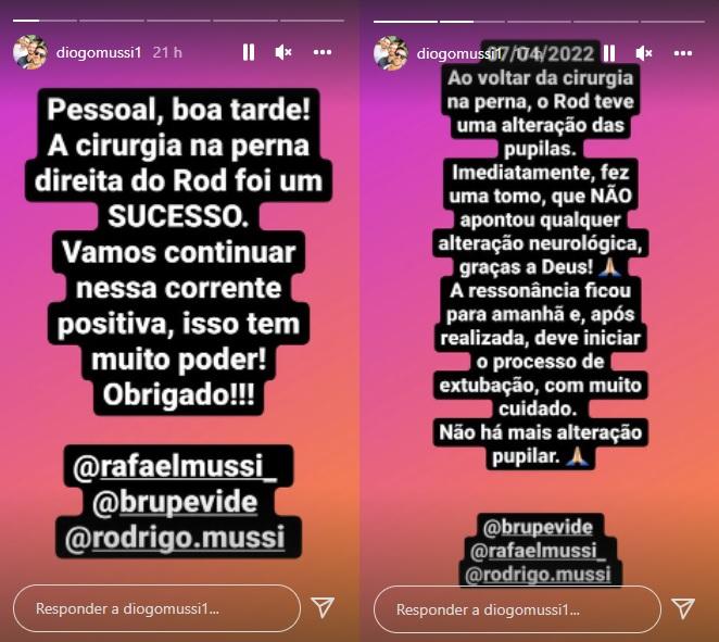 Print dos stories de Diogo Mussi atualizando o estado de saúde do irmão.