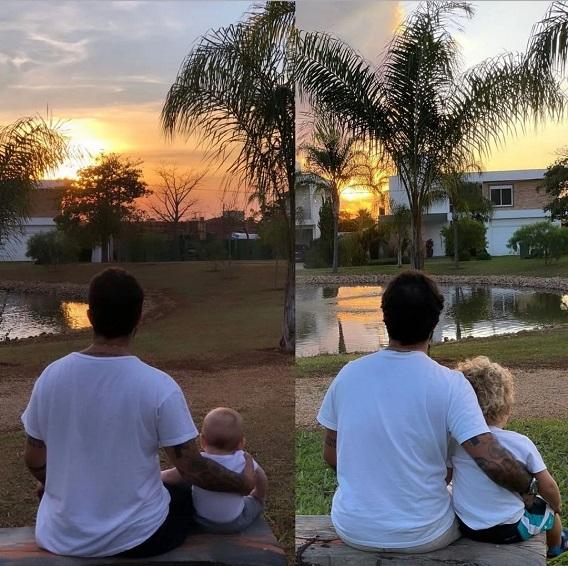 Duas fotos mostram Thammy Miranda sentado ao lado do filho, Bento, olhando para o horizonte. Os registros tem dois anos de diferença