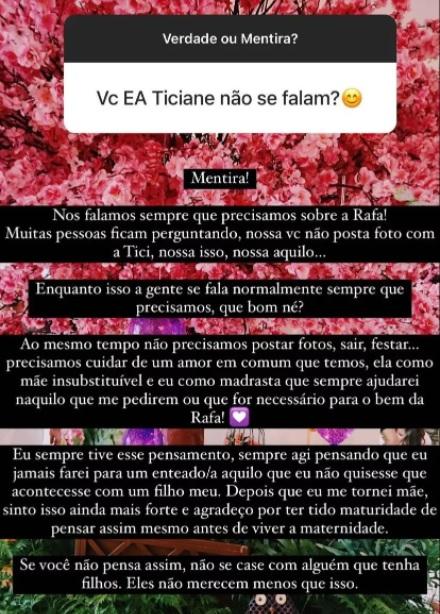 Stories de Ana Paula Siebert falando sobre sua relação com Ticiane Pinheiro.