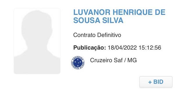 Imagem do Boletim Informativo Diário da CBF, no qual aparece o nome de Luvannor Henrique, reforço do Cruzeiro