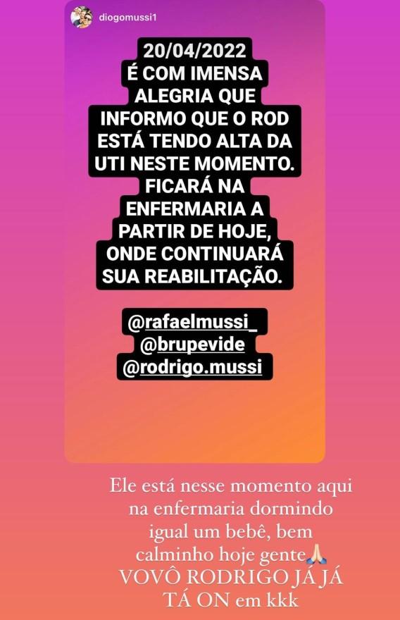 Print dos stories de Rodrigo Mussi com a informação de que brother recebeu alta