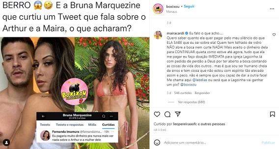 Maíra Cardi fala de Bruna após ver que a atriz curtiu um comentário criticando Arthur Aguiar