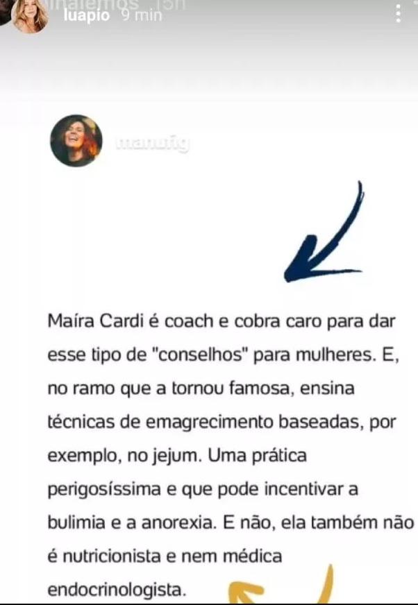 Luana Piovani compartilhando post sobre Maíra Cardi.