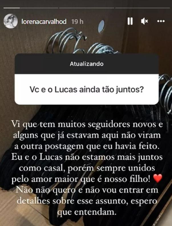 Lorena Carvalho falando sobre término com Lucas Lucco nos stories.