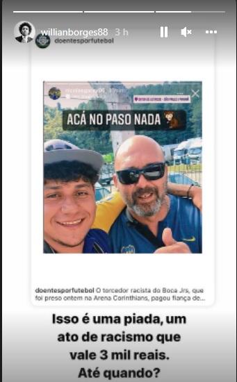 Print da tela do Instagram do Willian, com uma manifestação do jogador contra ato de racismo ocorrido na Arena Corinthians 