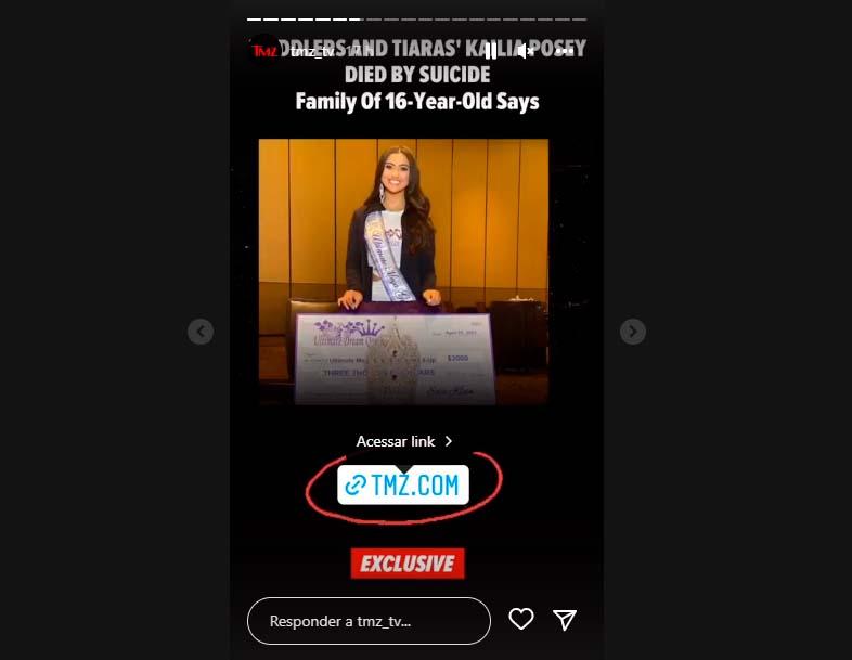 Print do Instagram do site TMZ fala do suicídio de influenciadora