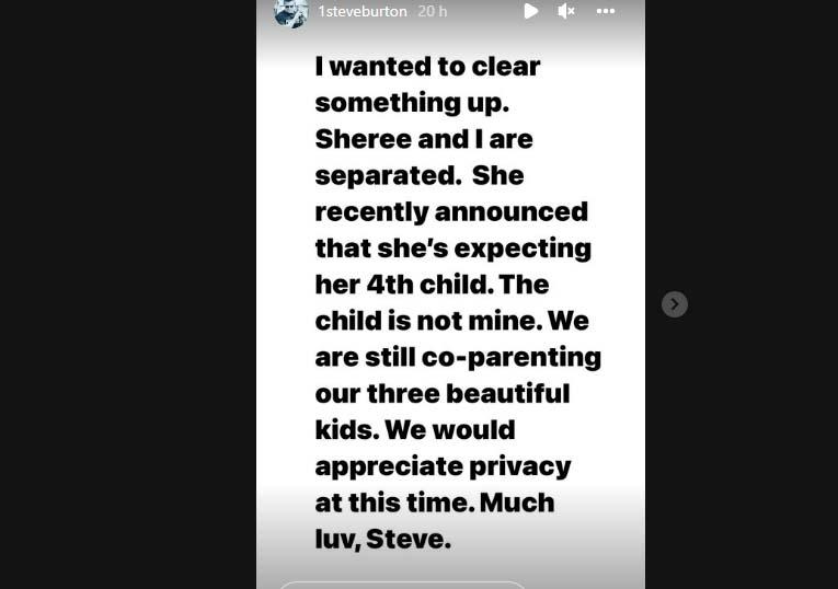 Post de Steve Burton falando sobre a gravidez da ex