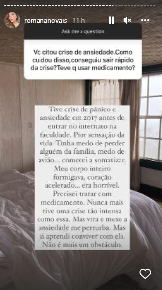 Stories de Romana Novais falando sobre crises de ansiedade.