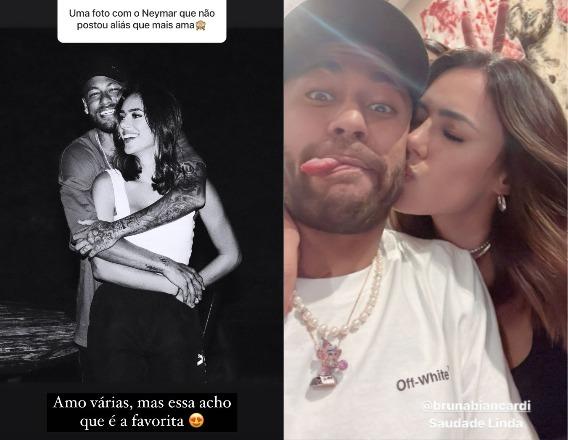 Print dos stories de Bruna Biancardi com foto dela e Neymar abraçados à esquerda; Print dos stories de Neymar recebendo um beijo de Bruna à direita