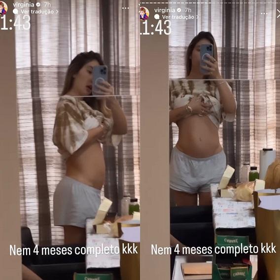 montagem com dois prints dos stories da virginia mostrando o tamanho da sua barriga