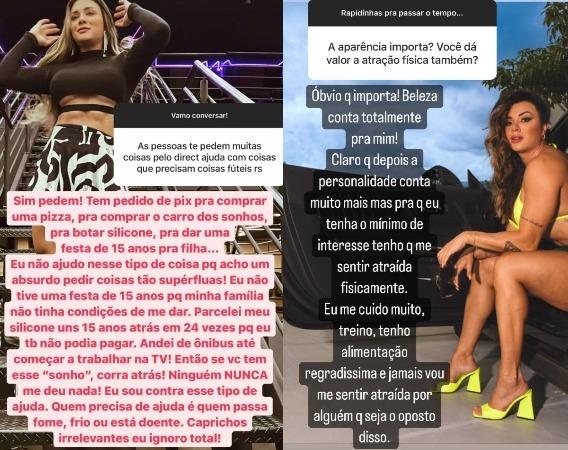 Prints dos stories do Instagram de Juju Salimeni falando sobre os pedidos dos seguidores e sobre atração física