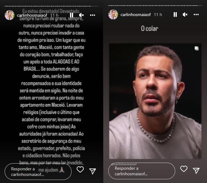 Print dos stories de Carlinhos Maia falando sobre o assalto.