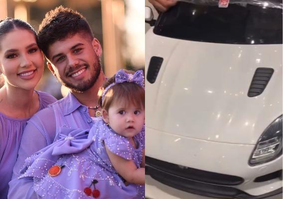 Virginia Fonseca, Zé Felipe e Maria Alice à esquerda; mini carro elétrico à direita