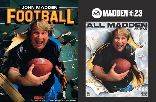 Comparação das capas de John Madden Football, de 1988, e Madden NFL 23, deste ano