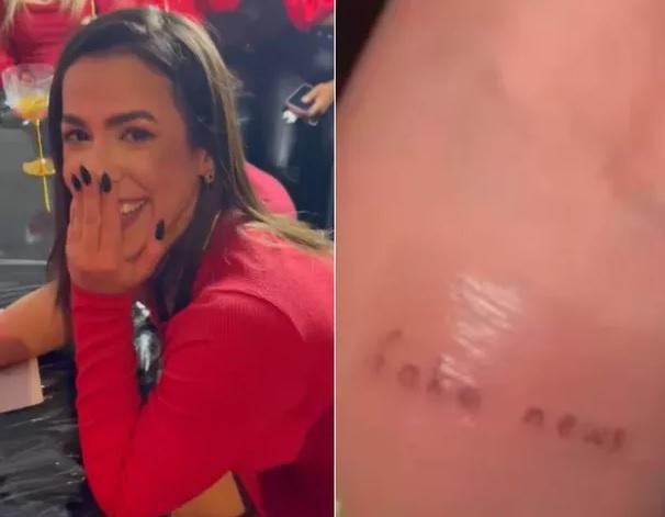 Larissa Tomasia enquanto é tatuada e foto pós-tatuagem.