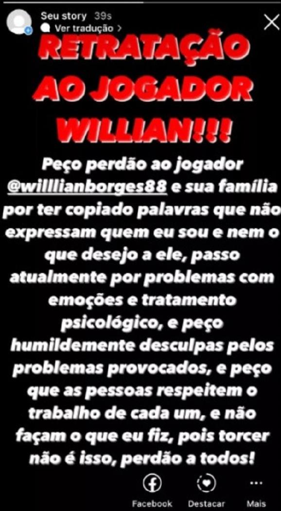 Rafael prestou depoimento e confessou a autoria das mensagens enviadas a Willian