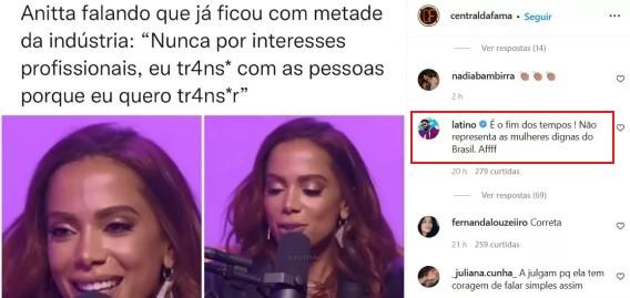 Print do comentário de Latino sobre Anitta no Instagram