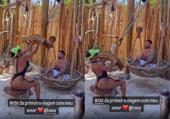 Prints dos stories de Juju Salimeni na praia usando o namorado como peso para levantamento