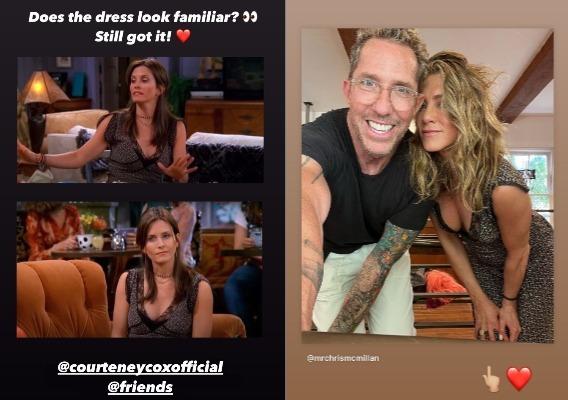 Stories de Jennifer Aniston mostrando vestido sendo usado por Courteney Cox em Friends e depois por ela mesma nos dias atuais