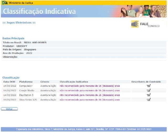 Print da classificação indicativa de Skull and Bones no Brasil