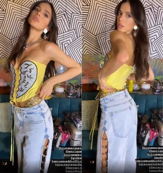 Prints dos stories de Bruna Marquezine mostrando look grifado