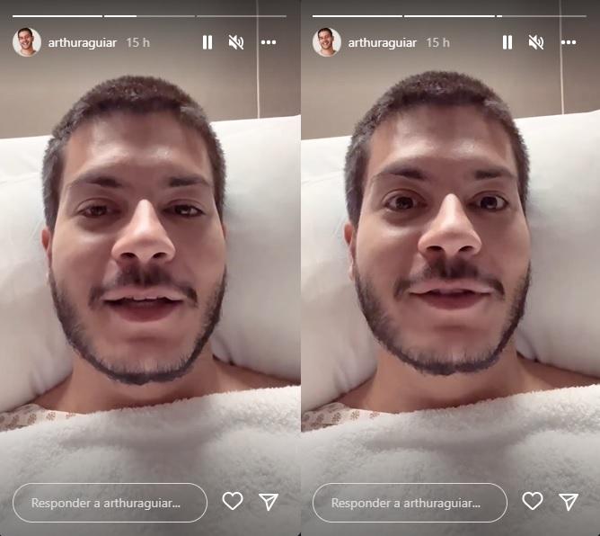 Print dos stories de Arthur Aguiar deitado na cama hospitalar e falando com os fãs