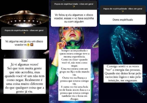 Prints dos stories de Yasmin Brunet falando sobre discos voadores