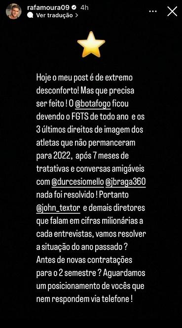 Print do story de Rafael Moura cobrando pagamento de dívidas do Botafogo