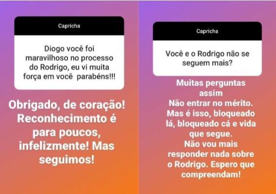 Prints dos stories de Rodrigo Mussi respondendo a perguntas