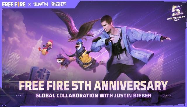 Imagem promocional da parceria entre Justin Bieber e Free Fire