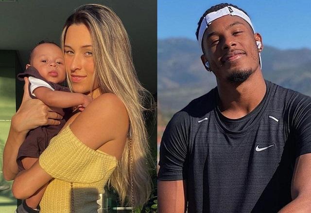 Thays Andreata segura filho de Paulo André no colo.