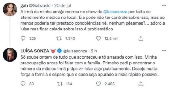 print dos tweets de luísa respondendo fã